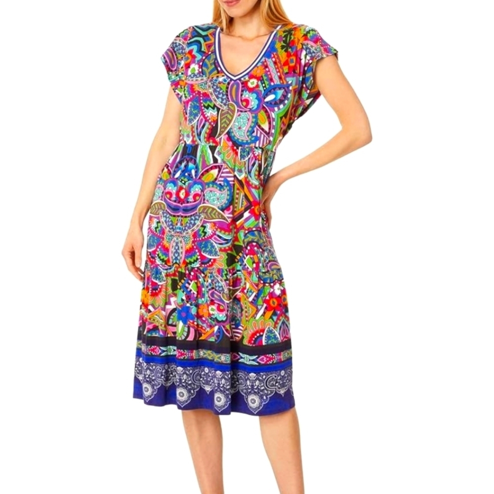 NWT, Johnny Was Demarne Tiered Tea Length Multicolor Midi  Dress Sz M